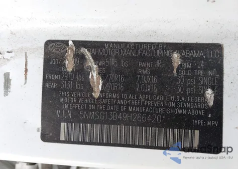 2009 Hyundai Santa Fe Gls z USA, uszkodzony, nr VIN 5NMSG13D49H266420